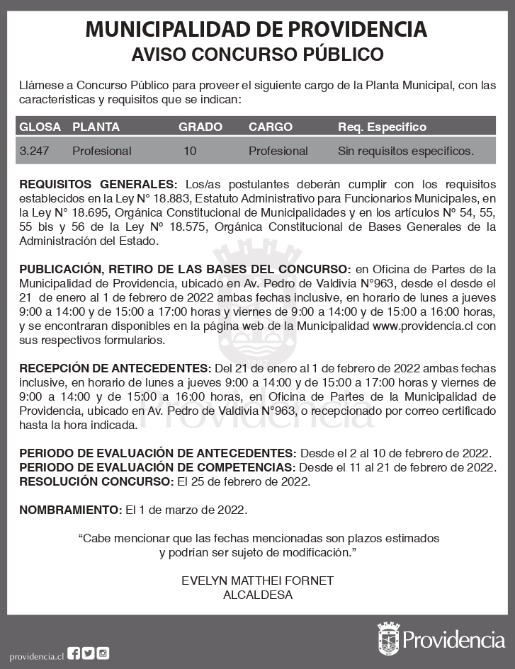 Concurso Público para proveer cargo vacante en la Planta Municipal